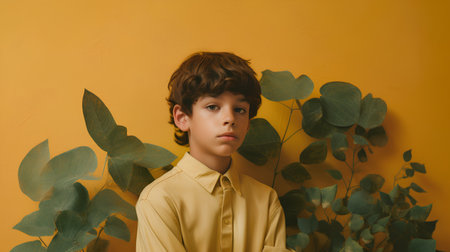 portrait of boy in yellow shirt and green leaves on yellow backgroundの素材