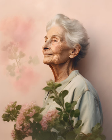 Portrait of beautiful senior woman with hydrangea flowers.の素材