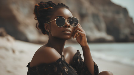Beautiful african american woman in sunglasses on the beach. Summer fashion.の素材