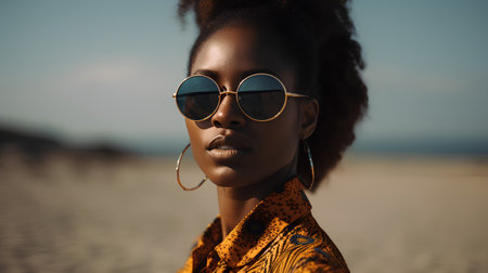 Portrait of a beautiful african american woman in sunglasses on the beachの素材