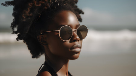 Portrait of a beautiful young african american woman with afro hairstyle wearing sunglasses.の素材