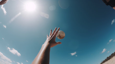 A woman holds a beach ball in her hand on a background of blue skyの素材