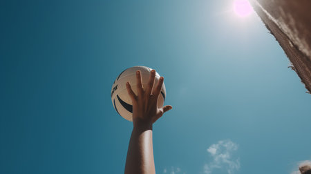 Low angle view of female volleyball player holding ball against blue sky.の素材