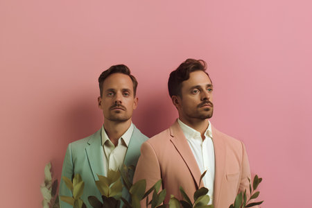 Portrait of two handsome young men in suits standing against pink backgroundの素材