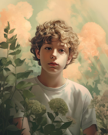 Portrait of a boy with blond curly hair and green flowers in the backgroundの素材