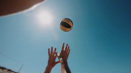 Volleyball player throwing ball on blue sky background with sun.の素材