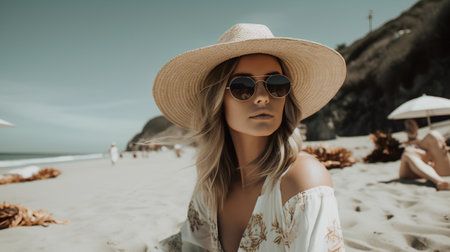 Beautiful young woman in hat and sunglasses on the beach. Toned.の素材