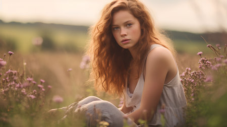 Beautiful young redhead girl with long curly hair sitting on the meadow at sunsetの素材