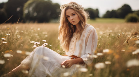 Beautiful young woman in white dress sitting on the field with daisiesの素材