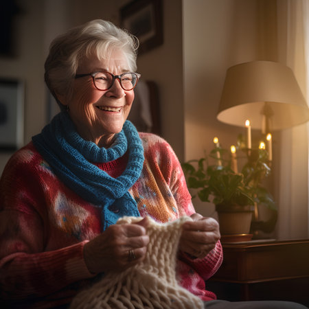 Smiling senior woman knitting at home. Knitting at home concept.の素材