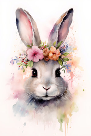 Watercolor portrait of a cute rabbit with a wreath of flowersの素材