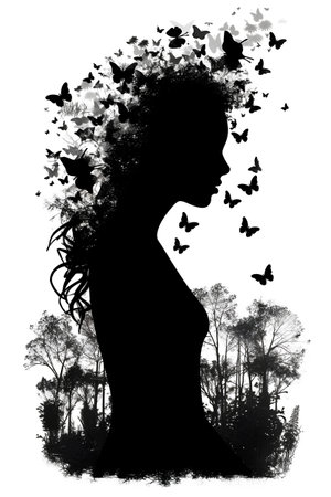 Silhouette of a beautiful pregnant woman with butterflies in her hairの素材