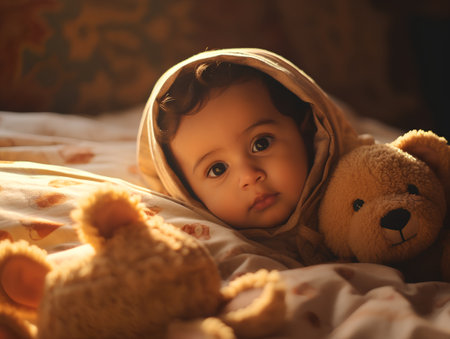 Little baby boy in bed with teddy bear toy, soft focus backgroundの素材
