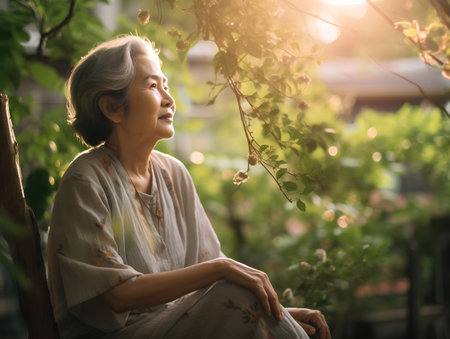 Beautiful asian senior woman relax in the garden with sunlight.の素材