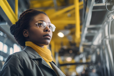 young african american woman in eyeglasses looking away in subwayの素材