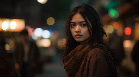 Beautiful asian woman in the city at night with bokehの素材