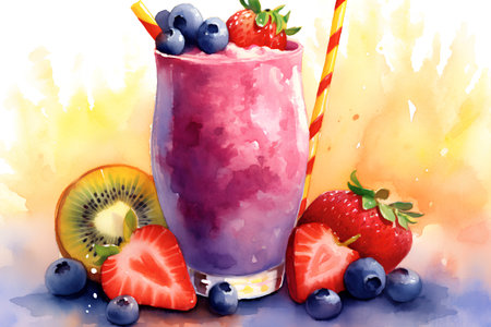 Watercolor illustration of a smoothie with strawberries, blueberries and kiwiの素材