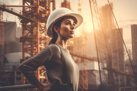Portrait of a female engineer on the background of a construction siteの素材