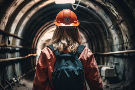 Young female engineer in a red jacket and helmet standing in an underground mineの素材