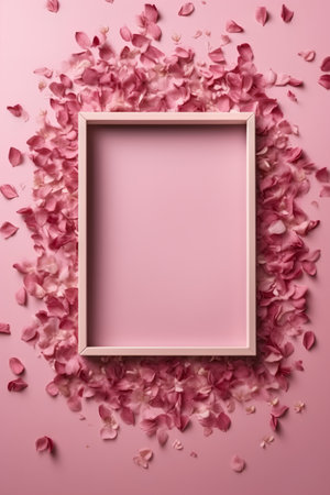 Pink frame with rose petals on a pink background. Flat lay, top viewの素材