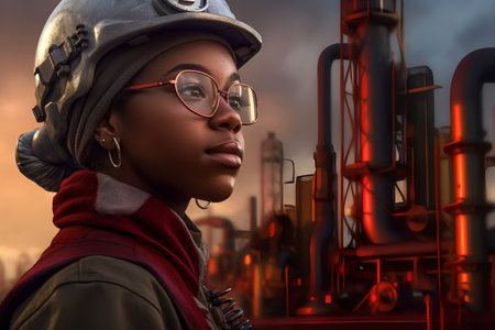 African american woman in helmet and glasses on the background of oil refineryの素材