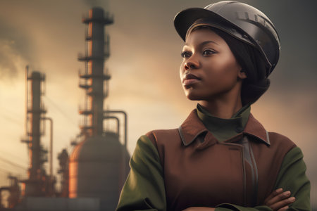 Portrait of a beautiful African-American woman in a gas industry.の素材