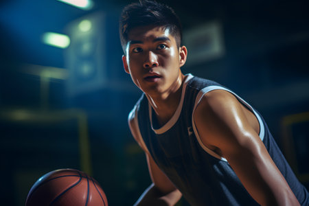 basketball player in action isolated on black background, asian male modelの素材