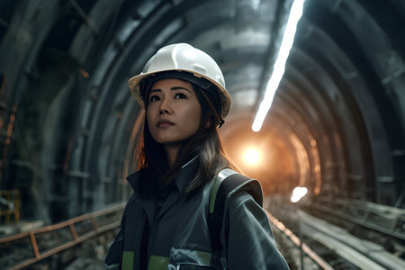 Portrait of female worker wearing safety helmet and looking at camera.の素材