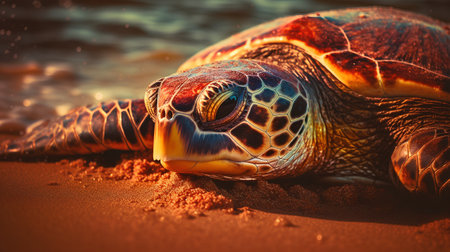 Hawaiian green sea turtle (Chelonia mydas) resting on the beachの素材