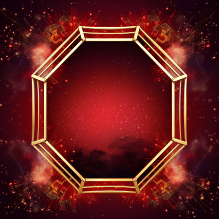 Golden frame with fireworks on red background. Eps 10 vector file.の素材