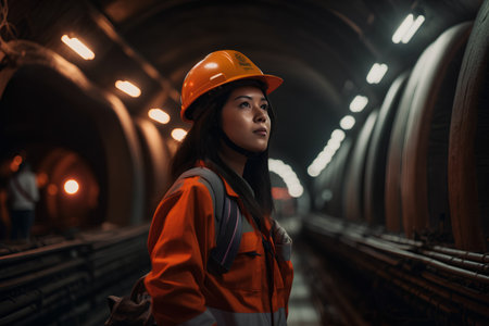 Beautiful Asian woman engineer in safety helmet and orange uniform standing in underground tunnel.の素材