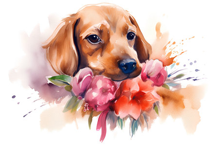 Beautiful vector image with watercolor portrait of a dog and peoniesの素材