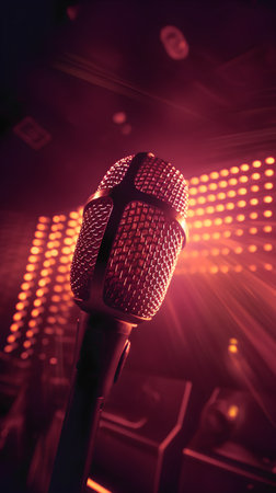 Microphone on stage with spotlights background. 3D illustration.の素材