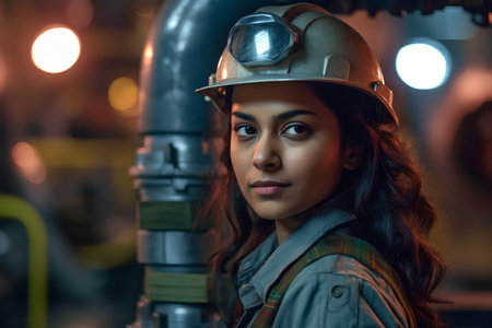 Portrait of a beautiful young woman in a helmet and work clothes. Industrial background.の素材