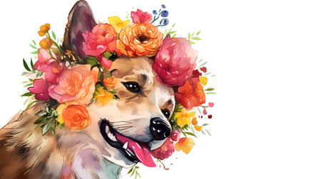 Beautiful watercolor portrait of a dog in a wreath of flowers.の素材