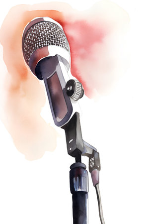 Microphone with red watercolor background. Hand-drawn illustration.の素材