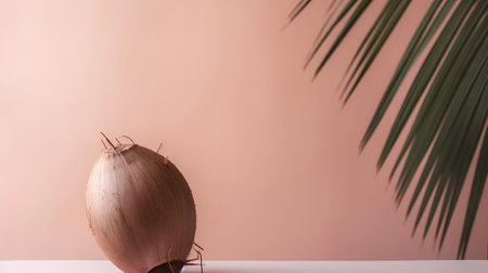 Palm leaf and coconut on pink background. Minimal summer concept.の素材