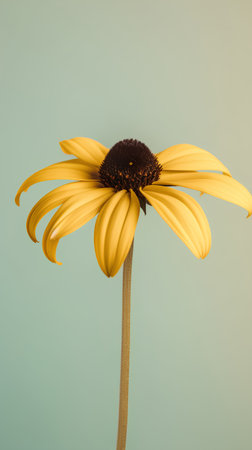 Yellow rudbeckia flower isolated on pastel blue background. Close-up.の素材