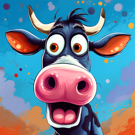 Funny cartoon cow with big eyes on blue background. Vector illustration.の素材