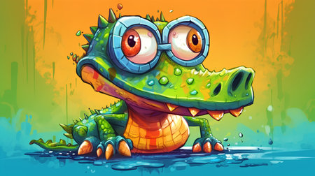 Cartoon green crocodile with big eyes on colorful background illustration for childrenの素材