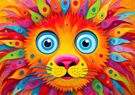 Cartoon lion face with colorful feathers. Illustration for children.の素材