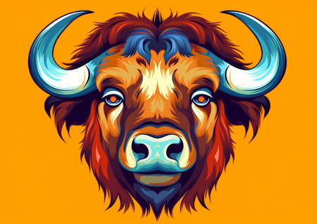 Bison head mascot. Vector illustration of buffalo head mascot isolated on orange background.の素材