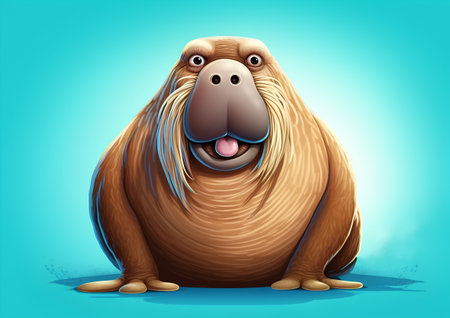 Cartoon funny walrus. Vector illustration isolated on blue background.の素材