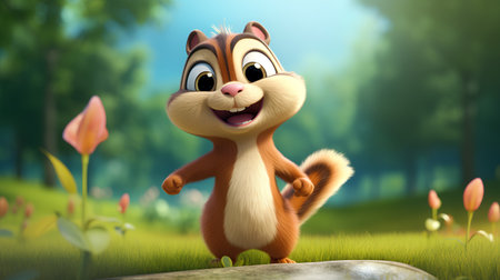 3d rendered illustration of a squirrel cartoon character in the forest.の素材