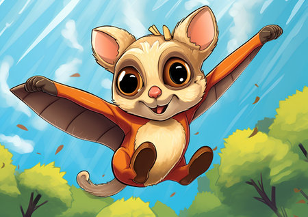 Cute little cartoon squirrel flying in the forest. Vector illustration.の素材