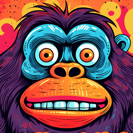 Monkey face with big eyes on colorful background. Vector illustration.の素材