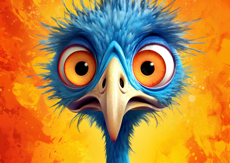 Emotional ostrich with big eyes on an abstract orange background.の素材