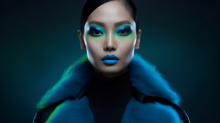 Portrait of a beautiful woman with blue make-up and fur coatの素材