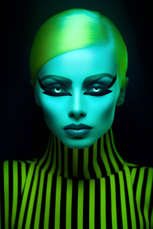 Fashion art portrait of a beautiful woman with green make-upの素材