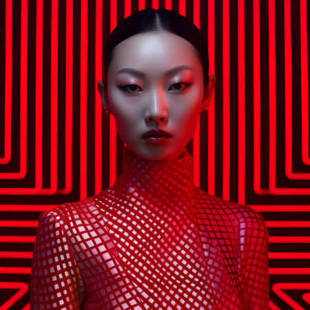 Beautiful asian woman with red neon light. 3d renderingの素材